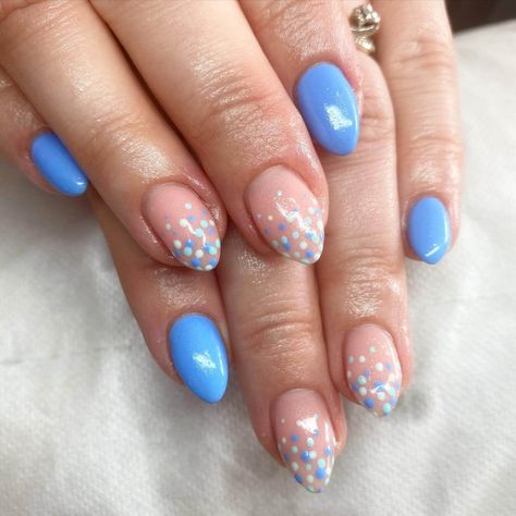 31 Trendy Polka Dot Nails - Ak Pal Kitchen Nail Ideas With Dots, Nails With Dots Design, Nail Dotting Designs, Almond Nails Polka Dots, Dot Gel Nails, Blue Dotted Nails, White Nails With Blue Dots, Dotty Nails, Blue Dot Nail Art