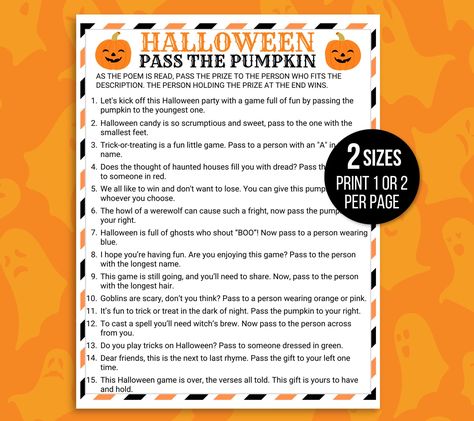 Are you hosting a Halloween party? Are you searching for a fun Halloween party game for your next event? Well, look no further than this Halloween Pass the Pumpkin Game. Matching Halloween Bingo Game: https://proudpracticalprints.etsy.com/listing/1576941755/halloween-bingo-30-halloween-bingo-cards Matching Halloween Emoji Game: https://proudpracticalprints.etsy.com/listing/1778012119/halloween-emoji-game-emoji-halloween This Halloween party game includes a super fun pass the present Halloween game that will delight teens and children at their next Halloween party.  Each pass the prize Halloween game includes cute little rhymes used to pass a prize around the room to various Halloween party guests. Use this Halloween party game as a Halloween game at your next Trick-Or-Treat Party. It will Halloween Emoji Game, Halloween Class Party Ideas, Adult Halloween Games, Halloween Party Prizes, Pass The Present Game, Pass The Pumpkin, Pass The Prize Game, Halloween Charades, Beetlejuice Party