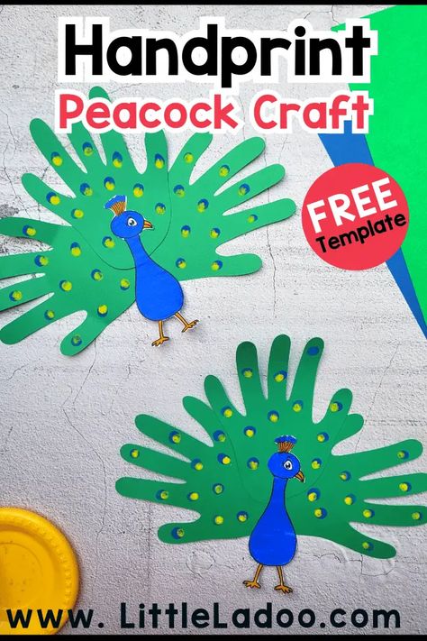 Peacock Handprint Craft, Birds Preschool Activities Free Printables, Peacock Handprint Art, Peacock Craft Preschool, Peacock Crafts For Kids, Handprint Peacock, Peacock Template, Hummingbird Craft, Letter D Crafts