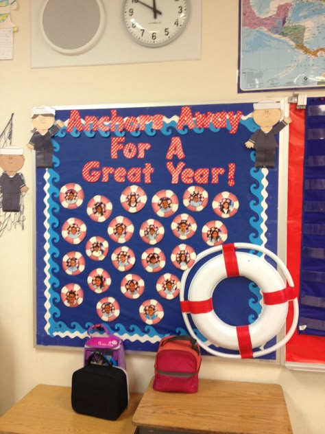 Nautical theme classroom bulletin board with students' pictures at the beginning of year Sailor Room, Pirate Theme Classroom, Nautical Classroom Theme, Cruise Theme, Pirate Classroom, Nautical Classroom, Sailing Theme, Ocean Classroom, Sailor Theme