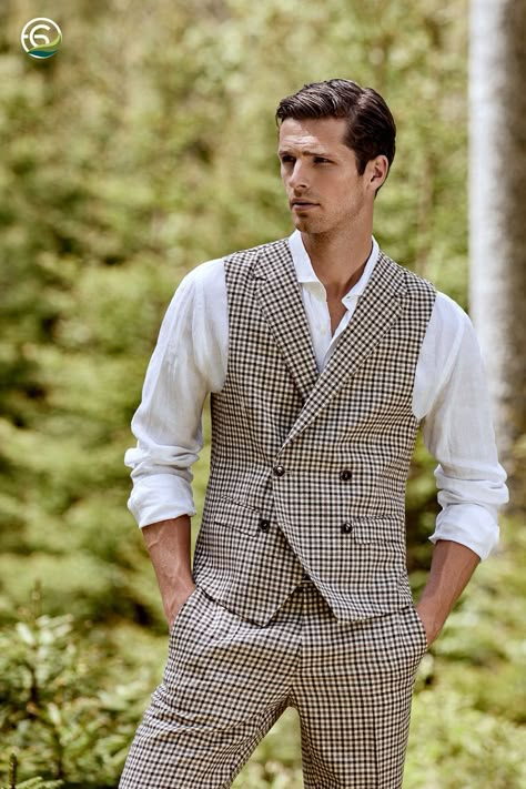 man standing in the forest wearing a checked suit Waistcoat Outfit, Waistcoat Pattern, Double Breasted Waistcoat, Men's Outfits, Wedding Suit, Check Pattern, Wedding Outfit, Double Breasted, Checks