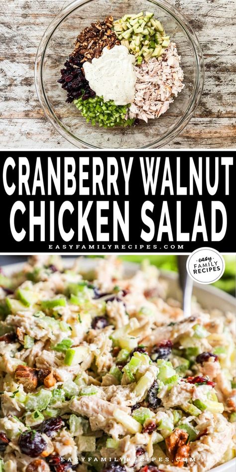 Our Easy Cranberry Walnut Chicken Salad is a versatile family recipe perfect for holiday gatherings, brunch, or a quick meal. Made with shredded chicken breast (or leftover turkey), this chicken salad features a medley of flavors, including crisp celery, sweet apples, and toasted walnuts. The result is a delightful blend of textures and tastes in every bite. Simplify your meal preparation with this quick and easy chicken salad, ensuring a hassle-free yet delicious addition to your table. Chicken Cranberry Walnut Salad, Paula Deen Chicken Salad, Chicken Salad With Walnuts Recipe, Quick And Easy Chicken Salad, Chicken Cranberry Salad, Cranberry Walnut Chicken Salad, Cranberry Walnut Salad, Walnut Chicken Salad, Cranberry Salad Recipes