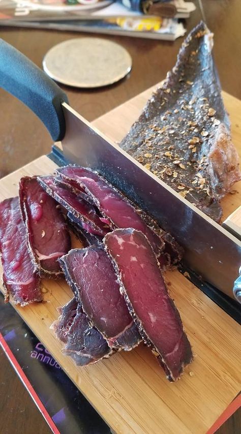 Biltong Recipe - Easy as 1 2 3. Go on, surprise yourself. Biltong Recipe Dehydrator, Biltong Recipe, Dried Beef Recipes, Cured Meat Recipes, Homemade Sausage Recipes, Dried Beef, Beef Jerky Recipes, Jerky Recipes, Charcuterie Recipes