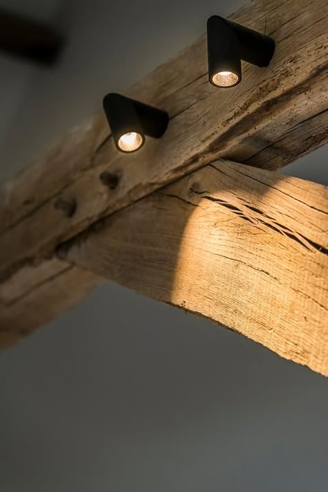 Wooden Beams Ceiling Lighting, Living Room Spotlights, Wooden Beams Ceiling, Architectural Lighting Design, Rustic Restaurant, Wooden Garage, Timber Beams, Architectural Lighting, Wooden Ceilings