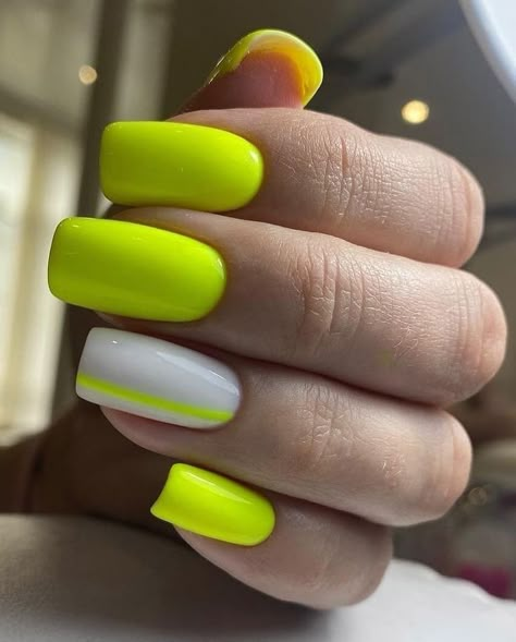 Neon Yellow Nails Designs, Chucky Nails, Neon Summer Nails, Gel Overlay Nails, Neon Yellow Nails, Summer Nails 2024, Overlay Nails, Neon Summer, Neon Nail Designs