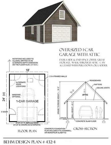 Garage Plans: 1 Car Garage With Attic Plan 432-4 - 18' x 24' - one car - Amazon.com Remodeling Garage, Three Car Garage Plans, Car Garage Plans, Garage Shop Plans, Garage Plans With Loft, Plan Garage, Garage Floor Paint, Loft Plan, Garage Loft