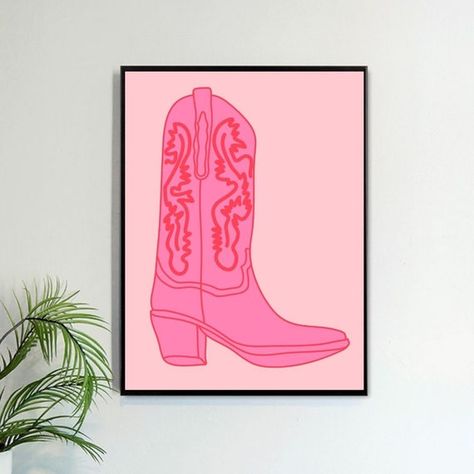 Cowgirl Canvas Painting, Disco Cowgirl Room Decor, Western Canvas Painting Easy, Cowgirl Boots Drawing, Cowgirl Boot Painting, Vintage Art Room, Cowgirl Painting, Retro Western Aesthetic, Girly Cowgirl