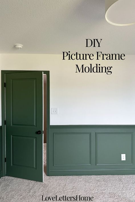 DIY Picture Frame Molding Painted Picture Frame Molding, Picture Frame Molding Paint Ideas, Double Picture Frame Molding, Picture Frame Moulding Hallway, Peel And Stick Picture Frame Molding, Green Picture Frame Molding, Picture Frame Molding Half Wall, How To Picture Frame Molding, Basement Molding Ideas