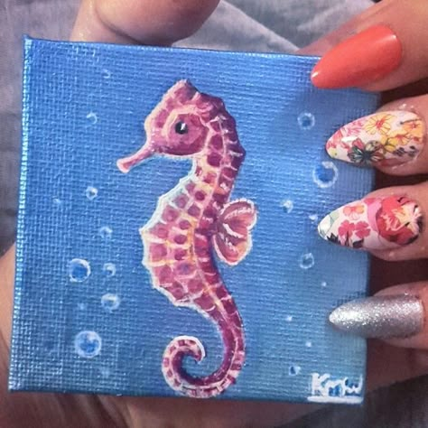 Seahorse on a mini canvas Ocean Animal Paintings Easy, Summer Things To Paint, Sea Creatures Painting Easy, Sea Creatures Painting, Sea Animal Paintings, Easy Summer Paintings On Canvas, Seahorse Painting Easy, Mini Canvas Art Beach Easy, Mini Canvas Art Beach