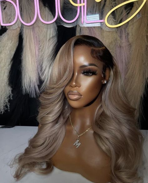 Brown Roots And Blonde Hair, Black Dress With Blonde Hair, Platinum Blonde Weave, Side Part Colored Wig, Blonde Lacefront Wig For Black Women, 30 Inch Body Wave Wig, Black Prom Hair, Curly Wig With Highlights, Blonde Lace Front Wigs Black Women Side Part