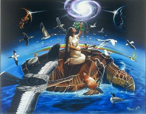 Such reverance is reflected in many Native American origin stories, such as the tale of the Sky Woman. After falling from the sky, she is saved by animals (nature) and her children go on to create the rest of the world. Sky Woman, Creation Myth, Creation Story, A Turtle, Above The Clouds, Indigenous Art, Native Art, Native American Art, Mother Earth