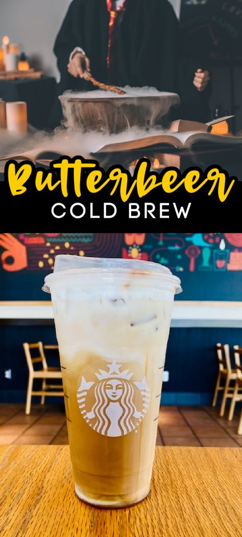 Iced Butterbeer Coffee, Butter Beer Coffee, Cold Brew Recipes Drinks Starbucks, Starbucks Cold Brew Secret Recipes, Butterbeer Coffee Recipe, Butterbeer Frappuccino Starbucks, Butter Beer Starbucks Drink, Butterbeer Starbucks Recipe, Starbucks Cold Brew Drinks To Order