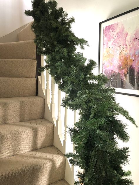 Enchanted Living Room, Christmas Bannister Ideas, Festive Staircase, Christmas Bannister, Christmas Staircase Garland, Bannister Garland, Bannister Ideas, Garland For Staircase, Stairway Garland