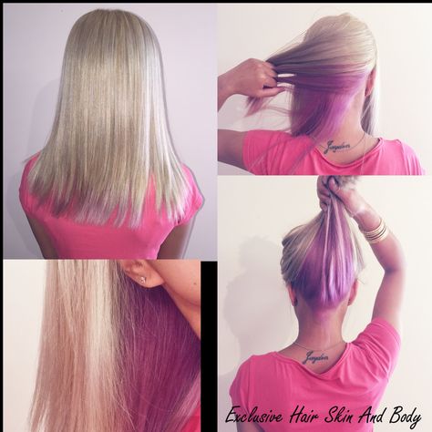 Blonde and pink hair @Exclusive Hair Skin And Body Pink Highlights Peekaboo, Blonde With Pops Of Color, Pink Hair Underneath Blonde, Mcbling Hairstyles, Blonde Platine, Blonde And Pink Hair, Blonde And Pink, Pink Hair Streaks, Two Color Hair