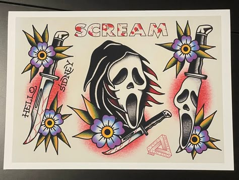 "Set of tattoo flash inspired by the awesome and iconic slasher flick \"Scream\".  Print is on high quality A3 Hahnemuehle German Etching 310gsm (matt textured) paper." No You Hang Up Scream Tattoo, Traditional Horror Movie Tattoos, Ghostface Tattoo Stencil, Slasher Tattoo, Traditional Horror Tattoo, Scream Print, Horror Flash, Scream Tattoo, 2023 Pedicure