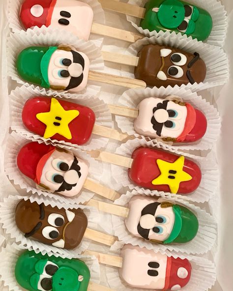 Super Mario Cakesicles, Super Mario Desserts, Mario Desserts, Super Mario Cake Pops, Mario Bros Cake, Super Mario Cake, Mario Cake, Super Mario Birthday Party, Mario Birthday Party