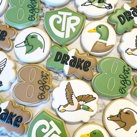 Mallard Duck Cookies Decorated, One Lucky Duck Birthday Party Cookies, Duck Hunting Cookies Decorated, Mallard Duck Baby Shower Cookies, Mallard Duck 1st Birthday, Duck Hunting Cookies, Mallard Duck Cookies, Duck Hunting Theme Baby Shower Ideas, Mallard Birthday Party