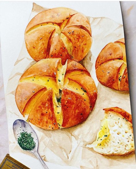 Aesthetic Food Sketch, Bread Watercolor Painting, Korean Food Illustration Art, Watercolor Food Paintings, Watercolor Bread, Watercolor Food Illustration, Food Watercolor, Food Illustration Design, Vietnam Food