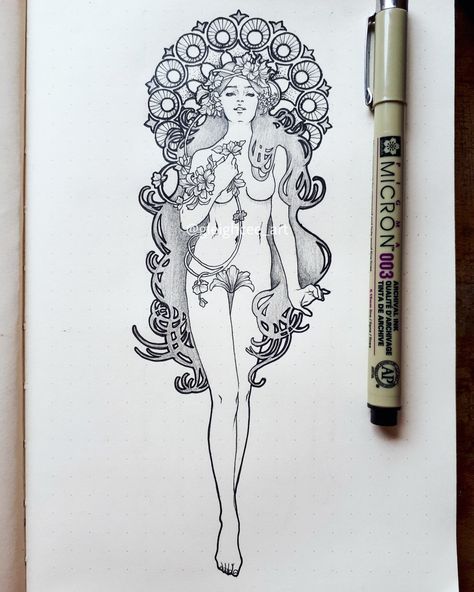 Art Noveau Paintings, Persephone Art Nouveau, Art Nouveau Zentangle, Art Nouveau Mystic, Art Nuvo Tattoos, Art Nouveau Women Illustration, Art Nouveau Cherry Blossom, Art Nouveau Neo Traditional Tattoo, Art Nouveau Drawing Easy