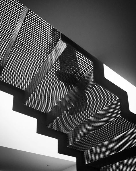 Kennerly Architecture on Instagram: “Holey risers Folded perforated steel stair in the Holly Park house . #steelfabrication by Adrian Burns #underconstruction #stairporn…” Perforated Metal Stairs, Metal Stairs Indoor, Stairs Steel, Stairs Metal, Steel Stairs Design, Metal Staircase, Steel Staircase, Outside Stairs, Industrial Stairs