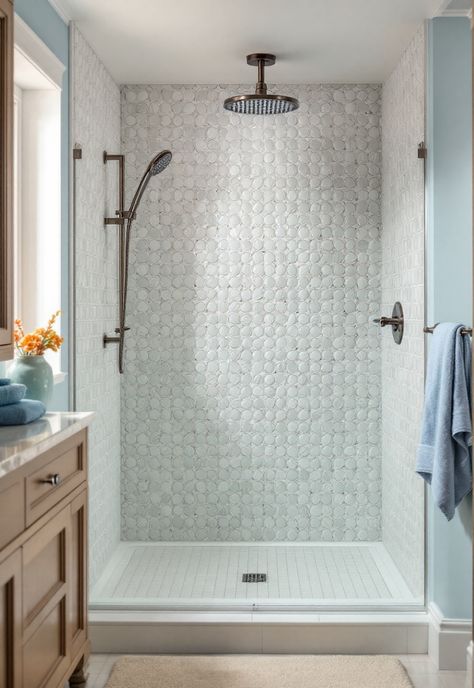 Coastal Bathroom Shower Ideas Coastal Master Bathrooms With Walk In Showers, Coastal Bathroom Shower Tile, Coastal Bathroom Shower Ideas, Beachy Shower Tile Ideas, Sea Glass Tile Bathroom, Coastal Shower Ideas, Ocean Theme Bathroom Ideas, Coastal Shower Tile Ideas, Bathroom Tile Ideas Neutral