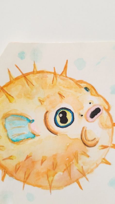 Watercolor Puffer Fish, Pufferfish Painting, Pufferfish Wallpaper, Pufferfish Drawing, Clownfish Drawing, Pufferfish Art, Puffer Fish Drawing, Fish Art Painting, Puffer Fish Art