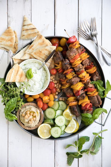 Grilled Lamb Kebab Platter with Basil Goat Cheese #sponsored Kebab Platter, Goat Cheese Recipes Appetizers, Basil Goat Cheese, Cucumber Goat Cheese, Lamb Kebab, Lamb Kabobs, Chicken Gyro Recipe, Cheese Recipes Appetizers, Goat Cheese Dip