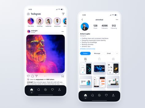 Instagram Redesign Concept by Anton Lapko on Dribbble Instagram Redesign, Crafting Aesthetic, Mobile Application Ui, Application Ui Design, Social App Design, Unique Website Design, Digital Media Design, Mobile App Design Inspiration, App Interface Design