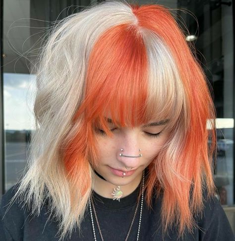 4 Split Dyed Hair, Color Block Hair Short, Block Hair Coloring, Fun Hair Color Ideas For Summer, Bright Hair Colors Short, Split Dyed Hair Short, Blonde Orange Hair, Hair Color Blocking, Alt Hair Dye