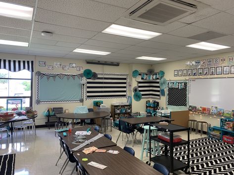 Relaxing Classroom Theme, Scandi Classroom, Navy Classroom Decor, Nature Themed Classroom Decor, Calming Classroom Themes, Black And White Classroom Theme, Turquoise Classroom, Classroom Themes Elementary, Nature Themed Classroom