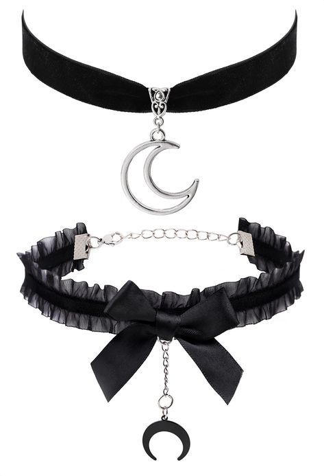 PRICES MAY VARY. SET 2 PIECE GOTH CRESCENT MOON CHOKERS NECKLACES: The Crescent Moon Choker Necklace Design Is Nice And Unique, Goes Well With Any Other Accessories, Show Your Personality Every Moment MATERIALS: Meticulously crafted from high-quality zinc alloy with an antique silver finish for pendant and soft velvet so it's comfortable to wear SIZE: The Silver color Moon Pendant measures 1.02 inches in width x1.02 inches in length. The Black Moon Pendant measures 0.78 inches in width x 0.6 inc Crescent Moon Accessories, Anime Fireworks, Crow Core, Kpop Cover, Moon Choker Necklace, Boho Choker Necklace, Moon Accessories, Moon Choker, Goth Choker