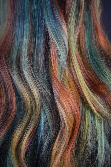 Autumn / fall hair color Desert Hair Color, Fall Colorful Hair Ideas, Fun Autumn Hair Color, Copper Hair Tinsel, Autumn Leaves Hair Color, Autumn Vivid Hair Color, Cool Toned Rainbow Hair, Fall Themed Hair Color, Fall Rainbow Hair