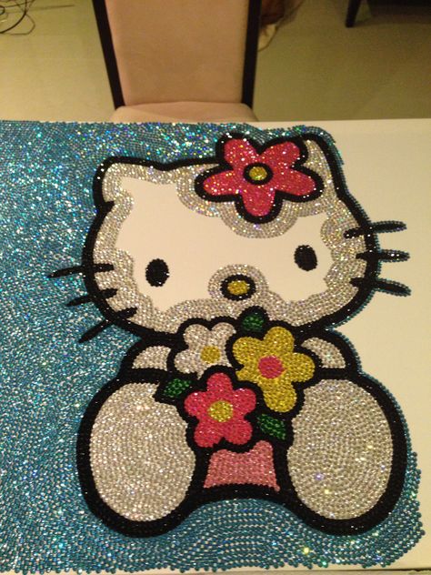 Rhinestone Hello Kitty Hello Kitty Rhinestone, Hello Kitty Grills Painting, Baddazled Canvas, Hello Kitty Decorations Room, Cute Hello Kitty Painting, Hello Kitty Art Painting, Bling Canvas Art, Things To Rhinestone, Rhinestone Art Diy