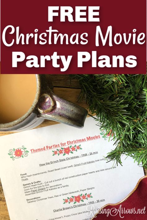 FREE Christmas Movie Party Guide! - Raising Arrows Christmas Movie Food Theme, Christmas Movie And Dinner Theme, Christmas Movie Themed Dinner For Kids, Christmas Movie Theme Party, Themed Christmas Movie Dinners, The Star Movie Christmas Party, Christmas Movie Party, Free Christmas Movies, Biblical Motherhood