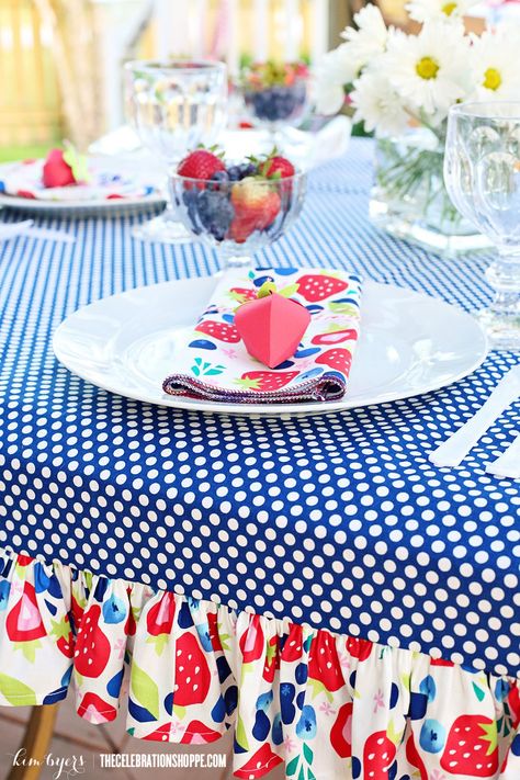 Strawberry Picnic Crafts & Ideas | Kim Byers Ruffle Tablecloth, Picnic Table Decor, Strawberry Picnic, Ruffled Tablecloth, Diy Tablecloth, Bbq Table, Creative Party Ideas, Patriotic Holidays, Fabric Projects