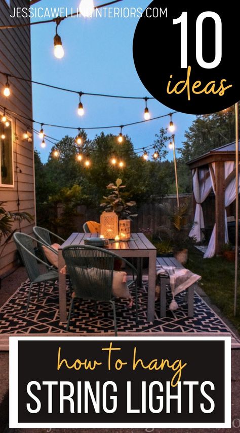 How to Hang String Lights: 10 Ideas backyard patio with glowing string lights hung above it Festoon Lights Patio, Cafe Lights Backyard, Bistro Lights Patio, Bistro Lights Backyard, Diy String Light Poles, Exterior Design Ranch, Outside Hanging Lights, Low Maintenance Landscape Ideas, Deck String Lights