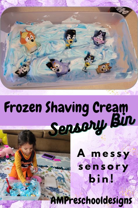 Frozen Shaving Cream Sensory Bin - AM Preschool Designs Frozen Shaving Cream Sensory Play, Shaving Cream Sensory Bin, Frozen Shaving Cream, Preschool Designs, Sensory Tub, Infant Sensory Activities, Sensory Bag, Play Pretend, Sensory Crafts