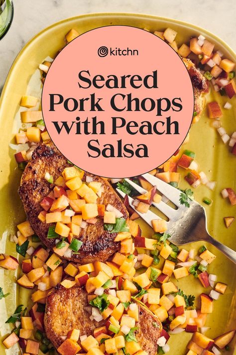 Pork Chops With Peach Salsa, Peaches And Pork, Pork Temp, Thick Cut Pork Chop Recipes, Brined Pork Chops, Peach Salsa Recipe, Pork Chops Smothered, Rosemary Pork Chops, Peach Salsa Recipes