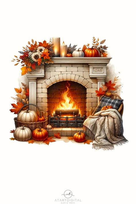 Autumn Fireplace, Happy Halloween Font, Fall Cozy Home, Fall Accent Pillows, Fall Drawings, Etsy Halloween, Sticker Printable, Fav Products, Autumn Png