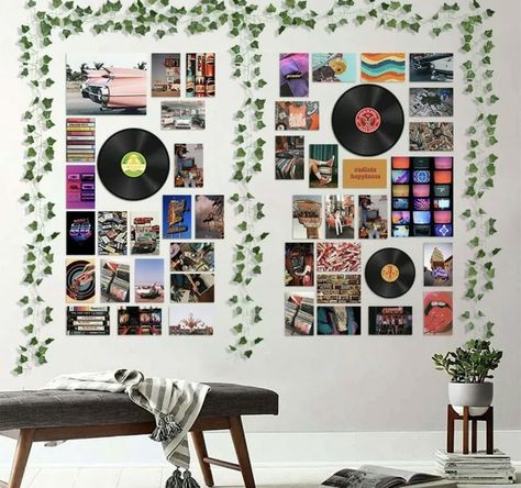 Amazing retro pictures for hanging! Buy it now in the link below and you won’t regret!! #diy #retrochic #retro #bedroom #style Record Room Decor, Bedroom Decor For Teens, Dorm Bedroom Decor, Record Wall Decor, Fake Vines, Retro Room Decor, 80s Bedroom Aesthetic, Photowall Ideas, 80s Room