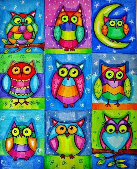 Owls Owl Collage, Oppgaver For Barn, Square 1 Art, Colorful Owls, Owl Crafts, Pola Sulam, Kindergarten Art, Owl Art, Autumn Art