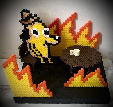 This Is Fine Pixel Art, The Office Perler Bead Patterns, Sponge Bob Perler Beads, Meme Perler Beads Pattern, Perler Bead Memes, Funny Perler Beads, Meme Perler Beads, This Is Fine Meme, Hama Art