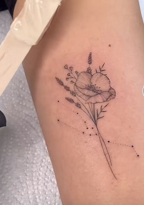 Flower With Constellation Tattoo, Baby Name Tattoos For Moms Sons Boys, Leo Constellation Tattoo Flower Poppy, Taurus Flower Constellation Tattoo, Mother Of 4 Tattoo Ideas Unique, Flower And Constellation Tattoo, Constellation Flower Tattoo, Floral Constellation Tattoo, Taurus Minimalist Tattoo