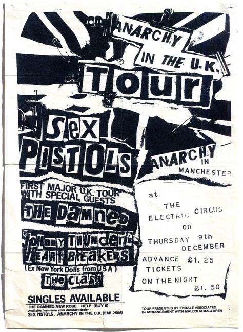 Jamie-Reid – Anarchy in the UK flyer Live Concert Poster, Punk Typography, Punk Rock Posters, Anarchy In The Uk, Poster Punk, Punk Poster, Zine Design, Arte Punk, 타이포그래피 포스터 디자인