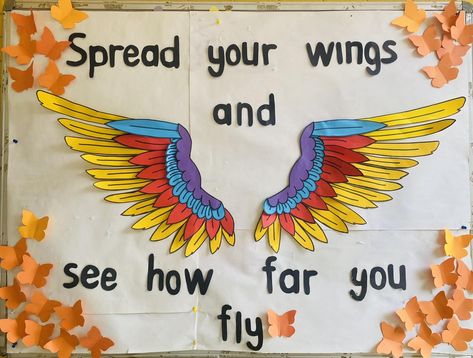 Corridor Decorations For School, Notice Board Ideas For School, School Orientation Ideas, Bulliten Boards Ideas Preschool, Orientation Board Ideas, Spread Your Wings Quote, School Wall Decoration Ideas With Paper, Display Board Ideas For School, School Display Board Ideas