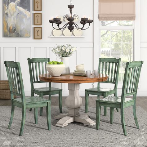 Eleanor Antique White Round Solid Wood Top 5-Piece Dining Set - Slat Back by iNSPIRE Q Classic - Bed Bath & Beyond - 14741248 Painted Tables, Dining Table Makeover, Kitchen Table Makeover, Upcycling Furniture, Colorful Cottage, Bubble Tent, Cottage Ideas, Table Makeover, 5 Piece Dining Set