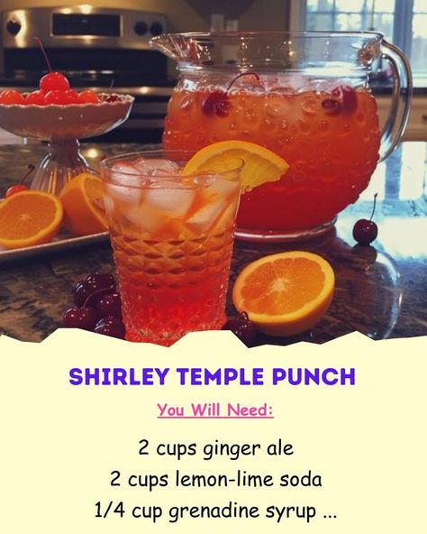 Shirley Temple Punch, Shirley Temple Drink, Grenadine Syrup, 2024 Party, Drink Recipes Nonalcoholic, Lemon Lime Soda, Punch Recipes, Shirley Temple, Ginger Ale