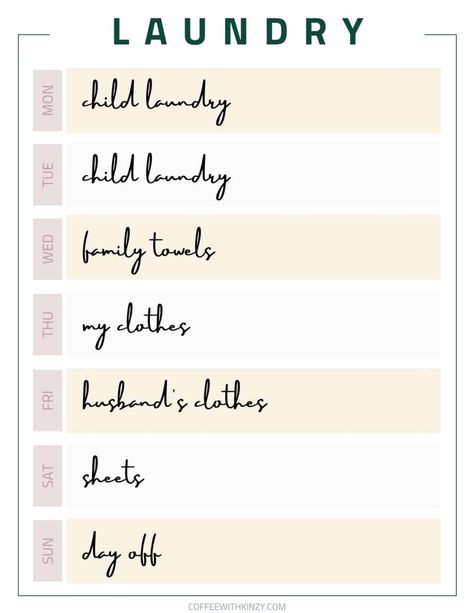 The Laundry Schedule That Will Change Your Life! (+ free printable) - Coffee with Kinzy Simple Laundry, Laundry Schedule, Husband Clothes, Productive Moms, Simplify Life, Clean House Schedule, Schedule Printable, Organized Mom, Doing Laundry