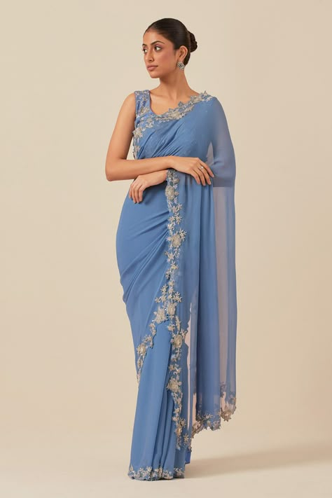 Shop for these amazing collections of Blue Chanderi Embroidery Cutdana Round Floral Cutwork Border Saree With Blouse For Women by Ikshita Choudhary online at Aza Fashions. Cinderella Fashion, Floral Cutwork, Sleeveless Blouse Designs, Saree Style, Padded Blouse, Border Saree, Blue Saree, Beaded Neckline, Elegant Saree