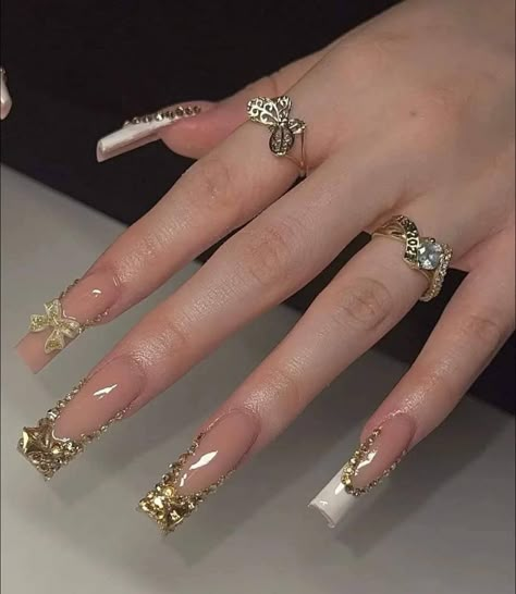 Virgo Birthday Nails, Gold Nail Set, Blinged Out Nails, Gold Acrylic Nails, Tapered Square Nails, Acrylic Toe Nails, Girly Acrylic Nails, French Tip Acrylic Nails, Classy Acrylic Nails